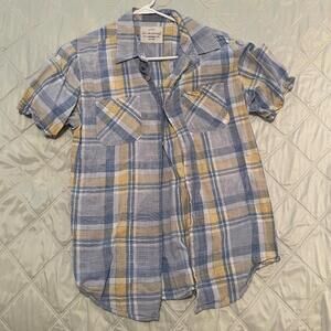 Casual Summer Short Sleeve Button Down Plaid Shirt Mens M Cotton Yellow Blue